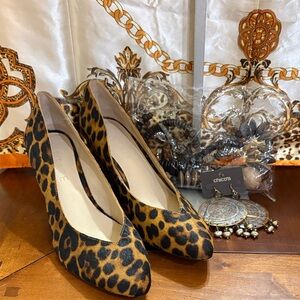 1. State Leopard Print Wedges, wooden necklace, and earrings.